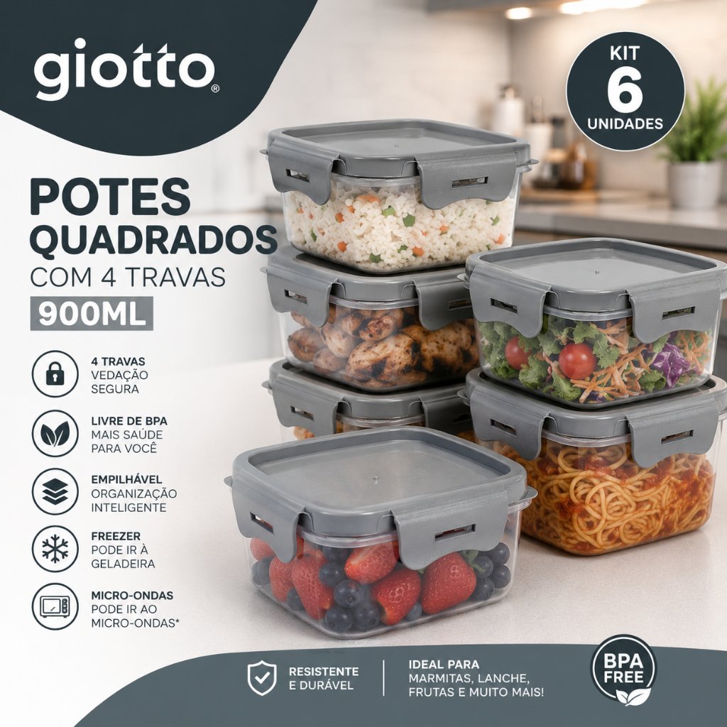 Kit 6 Potes 900ml Cinza com 4 Travas Vedação Segura para Alimentos Hermético Marmita Fitness Giotto