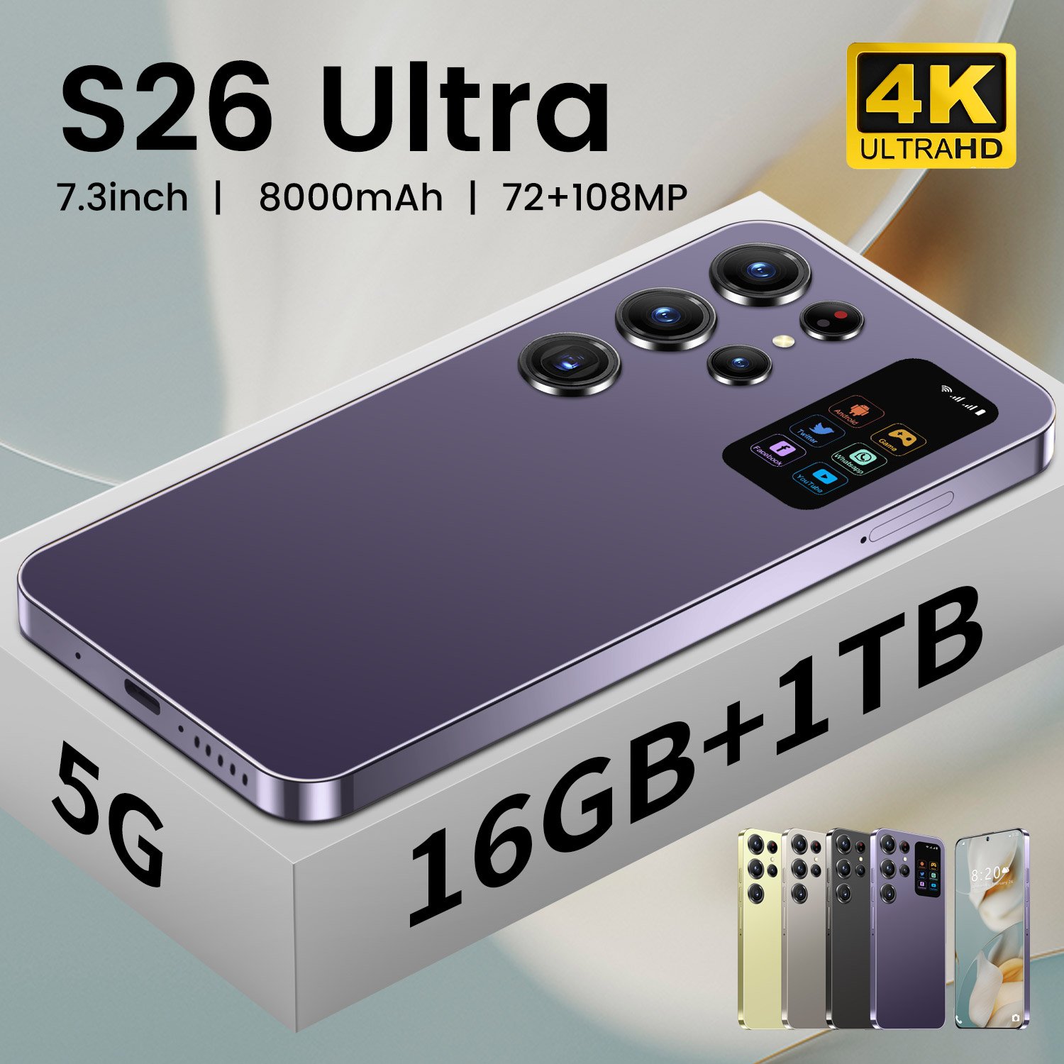 S26 Ultra Dual SIM Desbloqueado Telefones Celulares HD Tela Grande Multi Idioma Versão Global Smartphone Android