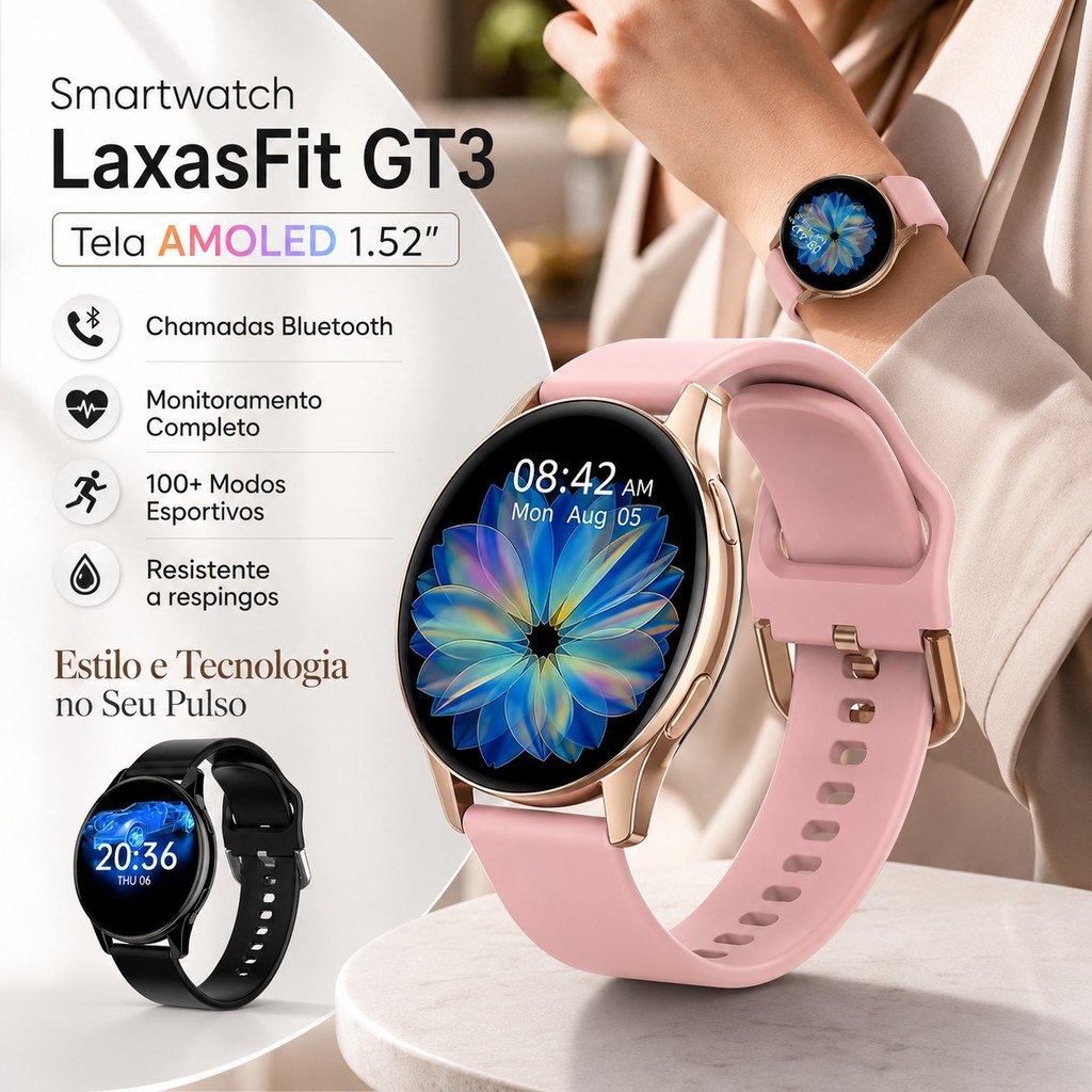 Smartwatch LAXASFIT GT3 AMOLED Com Chamadas Bluetooth Monitor Cardíaco Android E iOS
