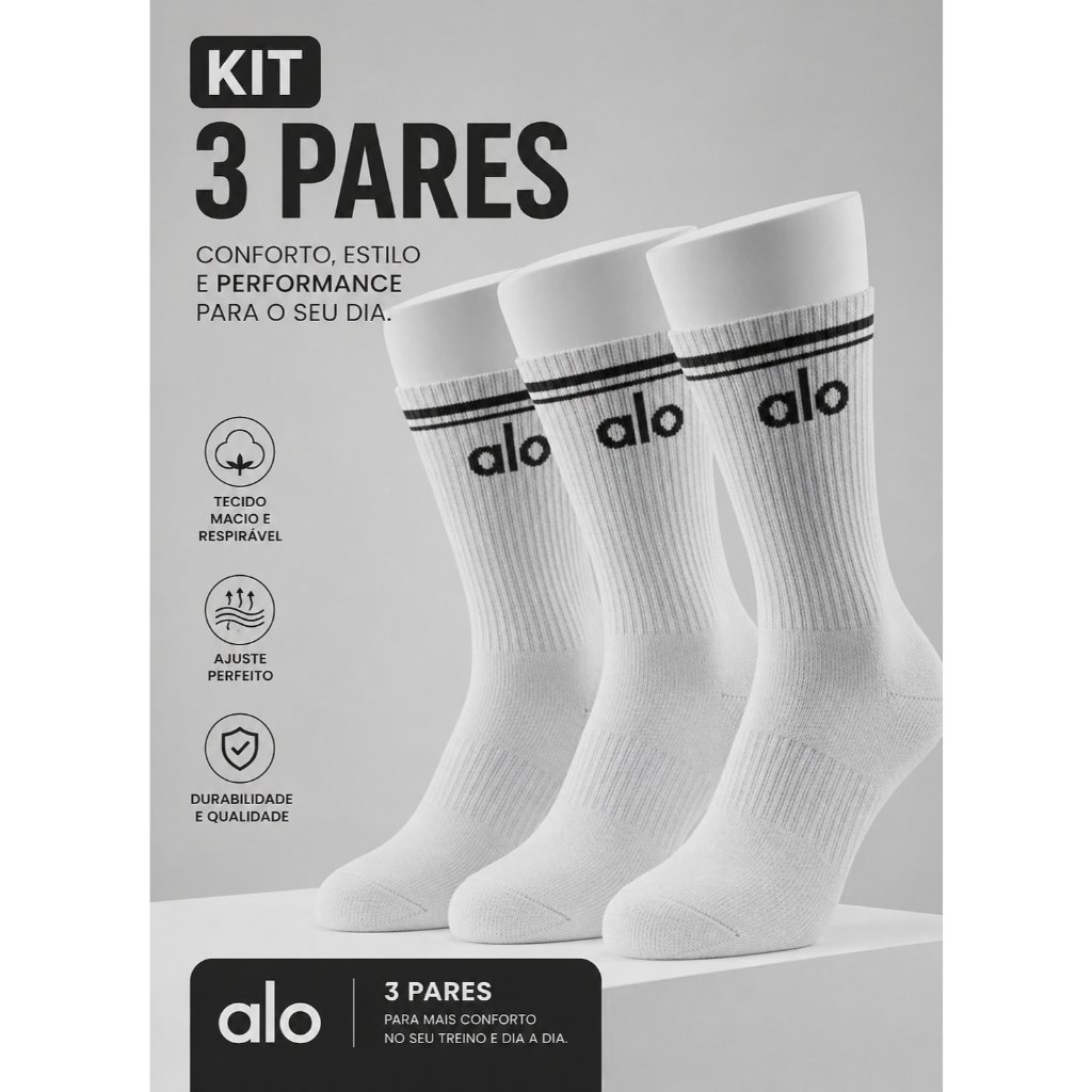 Meia Academia Kit 3 Pares Cano Longo Premium Algodão Para Treino e Dia a Dia