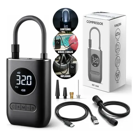Mini Compressor de Ar Digital Portátil Recarregável USB-C Lumi para Pneus de Carro, Moto e Bicicleta Inflador Elétrico de Bolas e Infláveis Display LCD Alta Pressão Sem Fio Preto