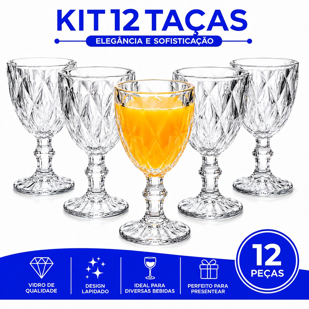 Jogo Taças Vidro Diamond Bico Jaca Abacaxi Conjunto Taça Para Água Vinho Tinto Suco Diamante