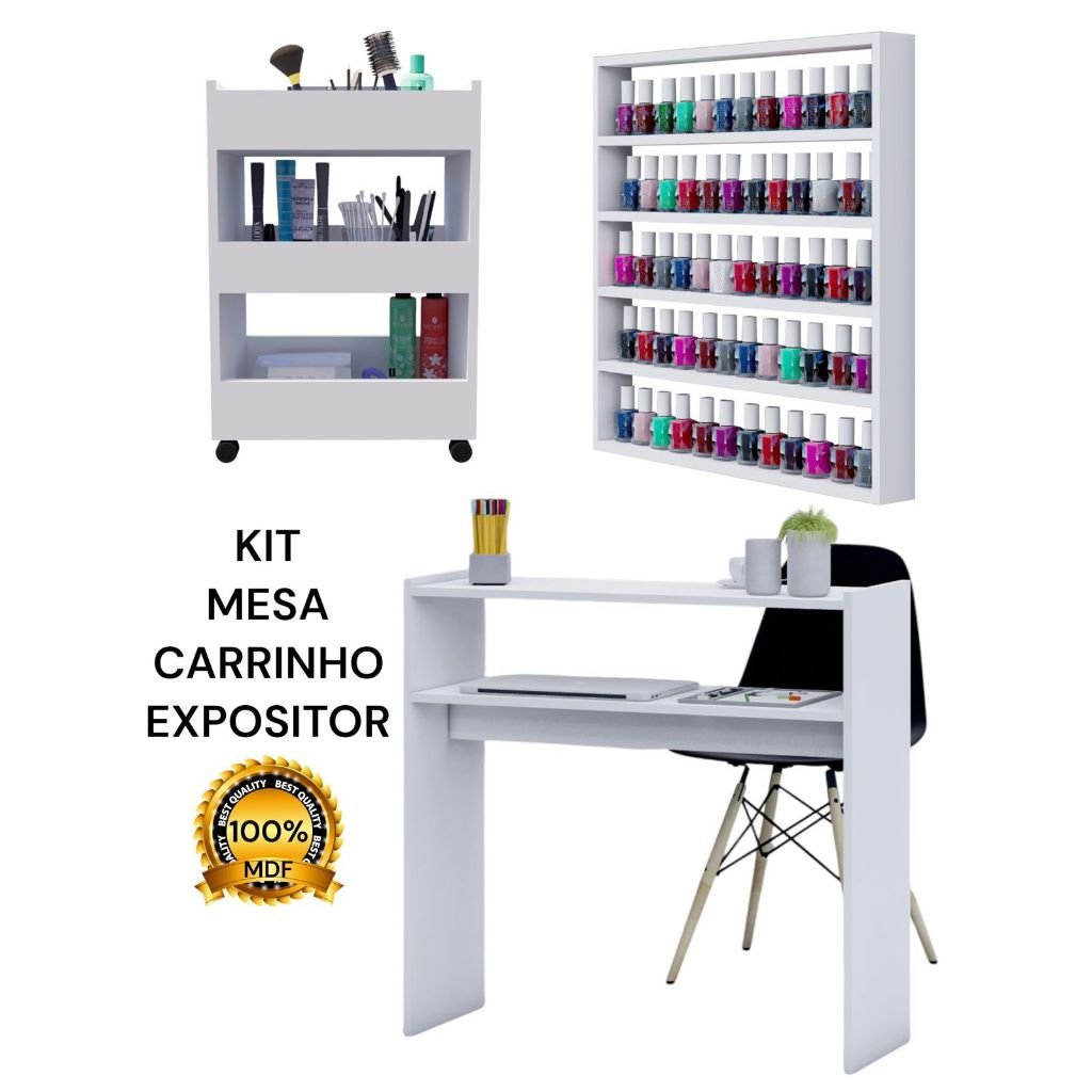 Kit Mesa de Manicure Carrinho Auxiliar Expositor De Esmaltes 100% MDF Salão de Beleza Studio Nail Designer Unha Em Gel