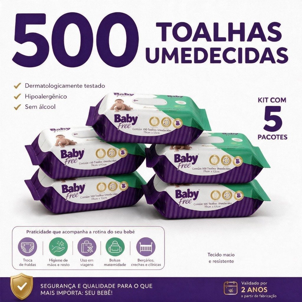 Kit 05 pacotes de Toalhas Umedecidas/ Lenços  Baby free c/100- (sem tampa flip-top)
