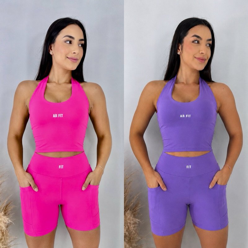 Conjunto Academia Fitness Short Com Bolso Corrida Feminino Roupa Blusa Frente Única