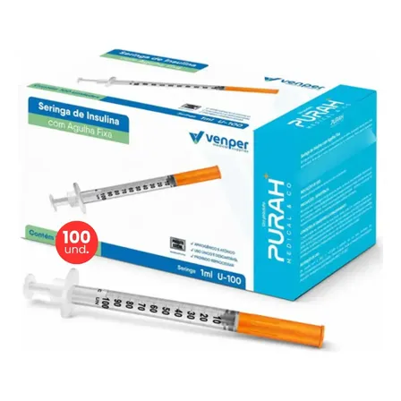 Seringa Insulina 1 ml Agulha Fixa Ultrafina 0,30mmx8mm Venper 100 Unidades