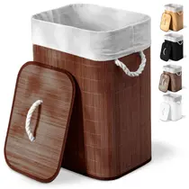 Cesto de roupa suja de bambu com tampa e alças 50 litros organizador lavanderia brinquedos - KONTUZ HOME