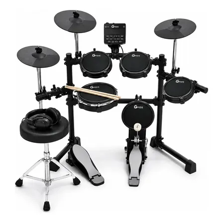 Kit Bateria Eletrônica Completa Groove Drums Edg500 5 Pads Peles Mesh 3 Pratos Profissional Sensibilidade Aro + Banco Fone De Ouvido