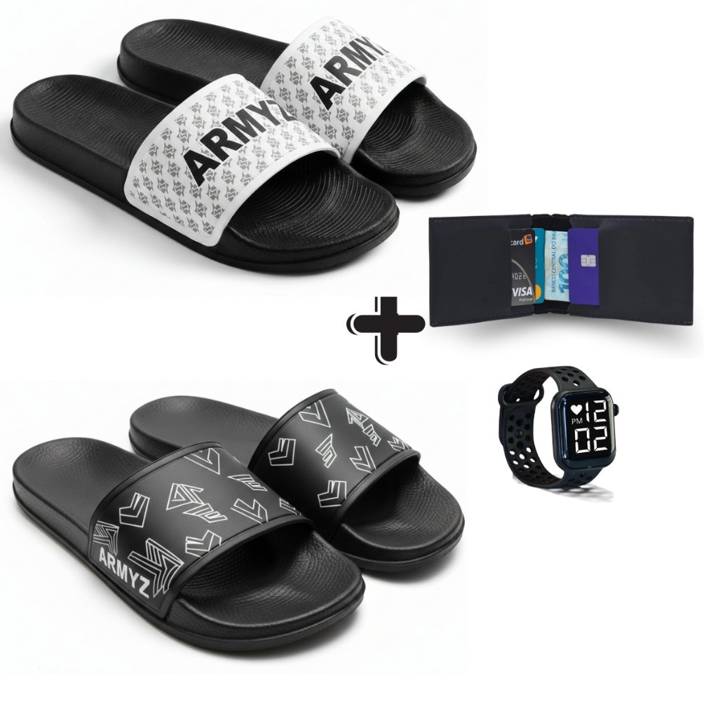 Kit Completo : Dois Chinelos Slide + Relógio Digital + Carteira de Mão