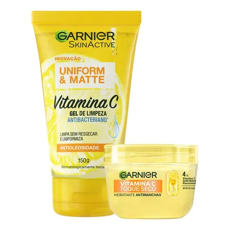 Kit Skincare Gel de Limpeza e Hidratante com Vitamina C, Ação Antioleosidade e Uniformizadora, Pele Iluminada e Hidratada, Uniform & Matte Garnier 150g