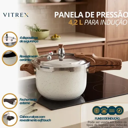Panela de Pressão Vitrex Moncler 4.2 L Cerâmica e Indução com 4 Válvulas de Segurança