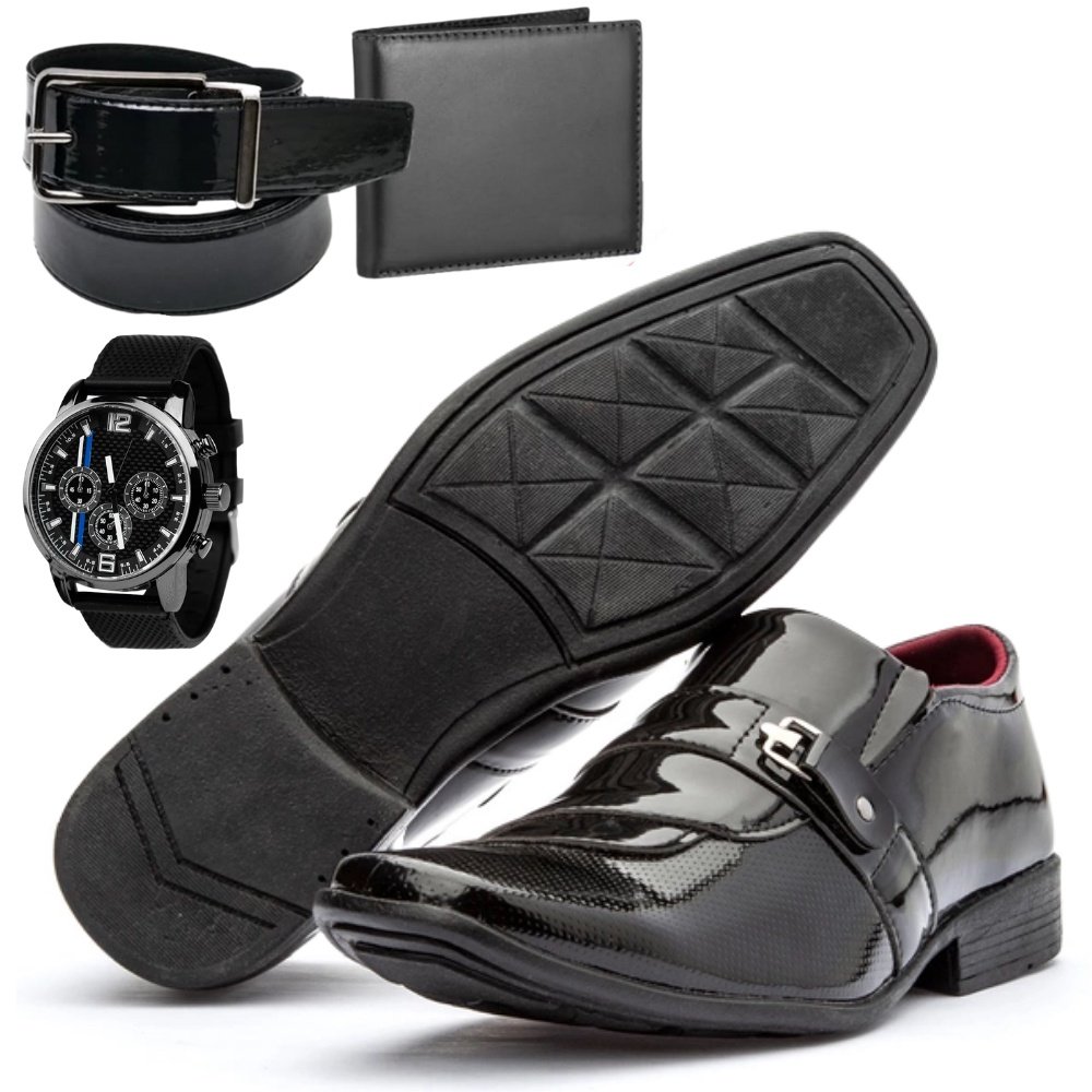 Kit 4 em 1 Sapato Social Masculino Com Carteira Cinto E Relógio