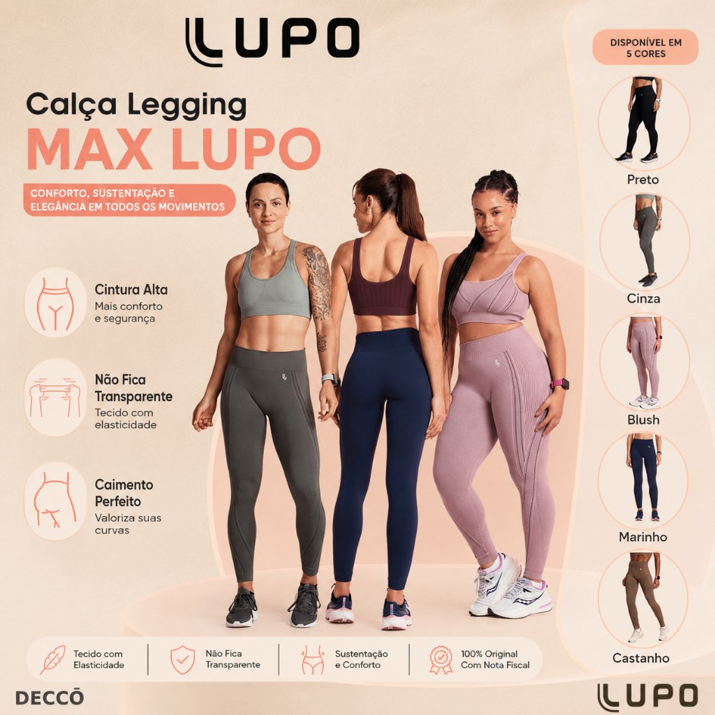 Calça Leg Legging Max Lupo Sport Tecnologia Sem Costura Seamless Dry para Treino de Alto Rendimento