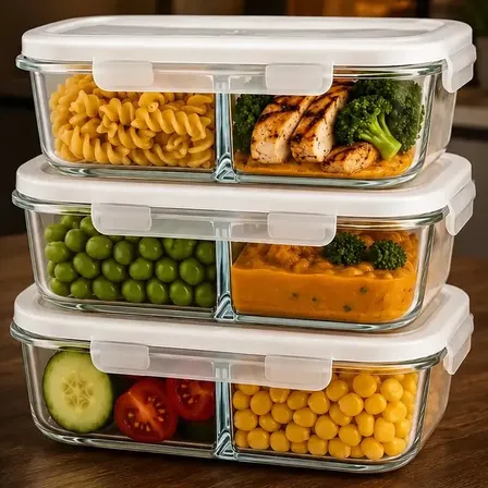 Kit 3 Potes De Vidro Com Divisória Herméticos Retangulares 640ml Com Tampa De 4 Travas Vedação Antivazamento Para Marmitas Freezer Micro-Ondas Forno Sem Tampa Lava-Louças Organização Casa - Hold On