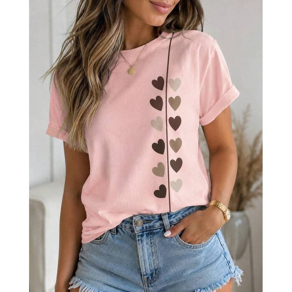 Camiseta Feminina Tshirt Blusa Camisa 100% Algodão Corações Malha Premium