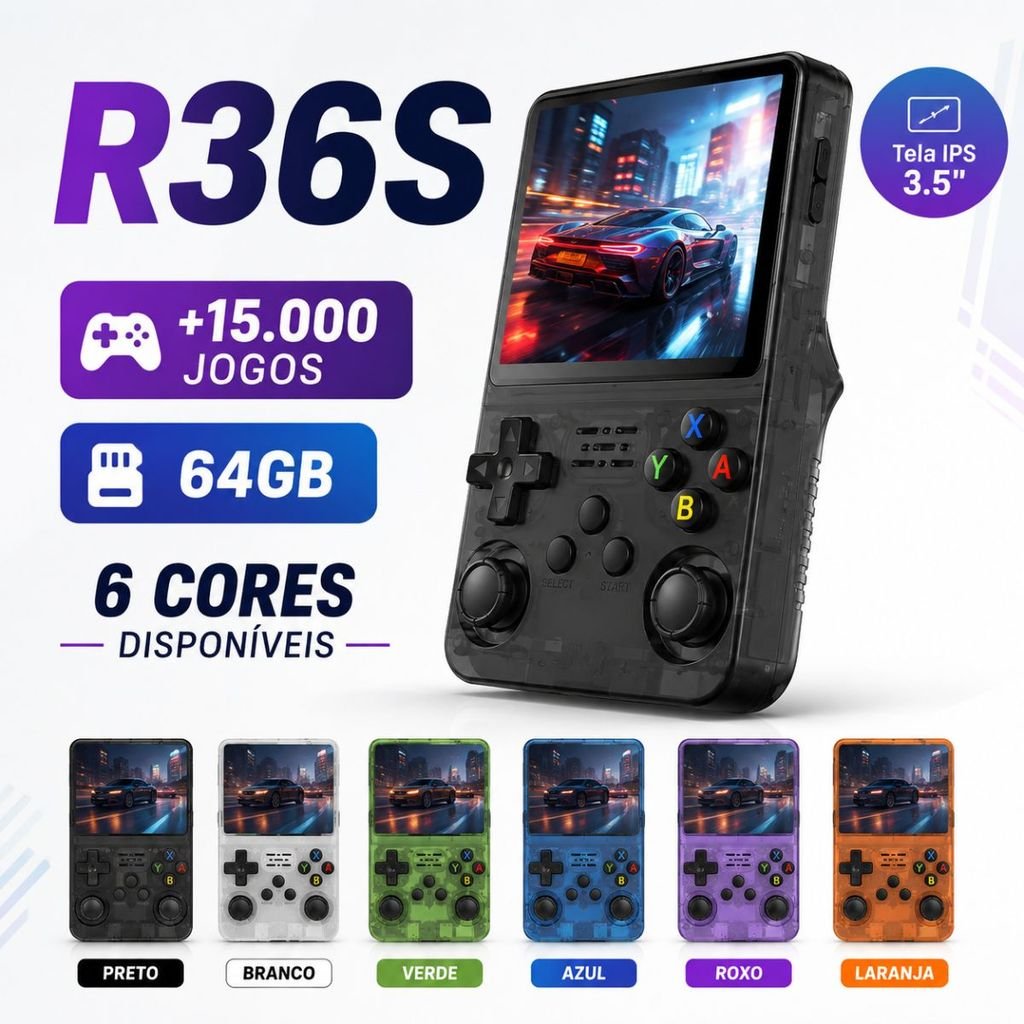 Console Portátil R36S +15.000 Jogos Vídeo Game Retrô 64GB Linux Tela IPS 3.5 Polegadas
