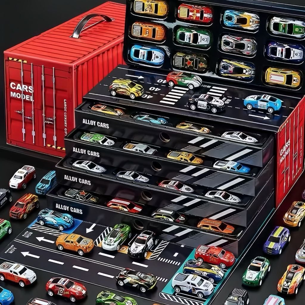 Kit 48 Carrinhos com Fricção de Lata Metálica Coloridos - Caixa Container que Vira Pista QUALIDADE