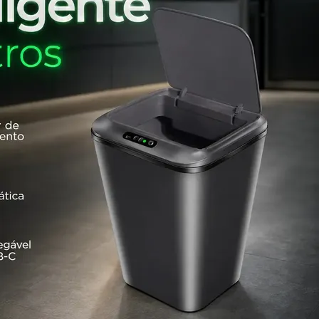 Lixeira Inteligente Automática 16l Com Sensor Infravermelho Recarregável Usb Sistema Anti Odor Tampa Touchless Para Banheiro Cozinha Cor Cinza Escuro